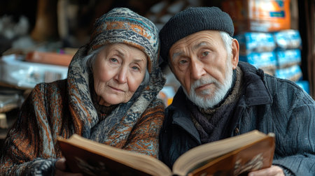 Elderly couple reading together in a cozy setting with warm lighting near home goods in autumn season. Generative AIの素材