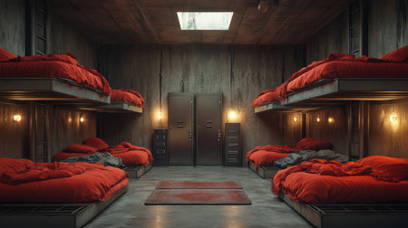 Dormitory with red bedding and industrial design showcasing shared sleeping space and minimalistic decor in a modern setting. Generative AIの素材