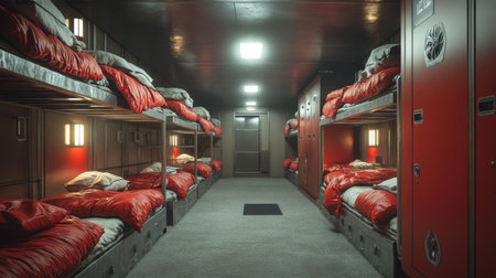 Unique bunk room with red bedding and lockers in a modern communal living space. Generative AIの素材