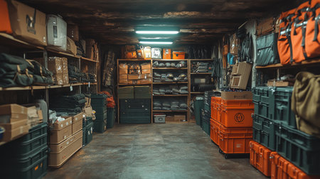 Organized storage space filled with various bags and boxes in a dimly lit room with rustic charm. Generative AIの素材