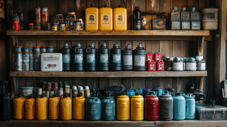 Various containers and gear organized on wooden shelves in a workshop. Generative AIの素材