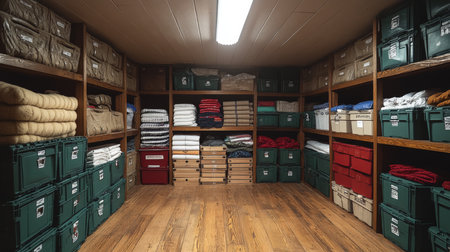 Organized storage room with neatly packed bins and folded linens during daylight. Generative AIの素材