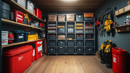 Organized storage space featuring various tools and equipment in a home garage during daylight hours. Generative AIの素材