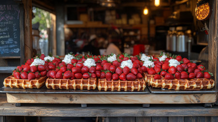 Delicious freshly made waffles topped with strawberries and whipped cream at a market during a sunny afternoon. Generative AIの素材