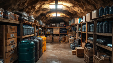 Storage facility filled with various goods and supplies in a dimly lit underground area. Generative AIの素材