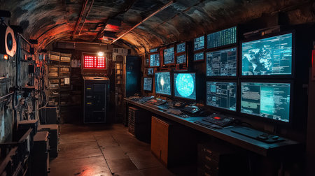 High-tech command center with multiple screens displaying data in an underground bunker at night. Generative AIの素材