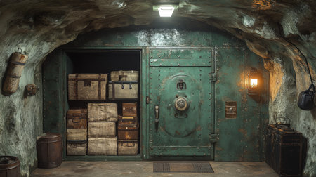 Old vault door in a dimly lit underground storage room with vintage suitcases and equipment from another era. Generative AIの素材
