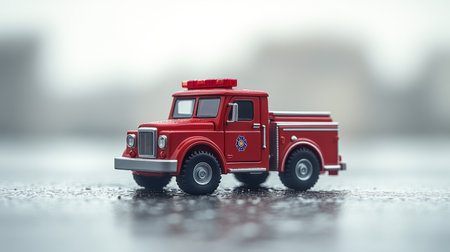 Bright red toy fire truck sits on a wet surface reflecting light in a soft focus urban background during a rainy day. Generative AIの素材