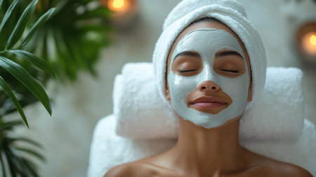 Relaxing facial treatment in a serene spa environment with soothing ambiance and natural elements. Generative AIの素材