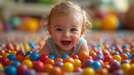 Smiling baby crawling in a colorful ball pit surrounded by bright plastic balls during a playful afternoon. Generative AIの素材