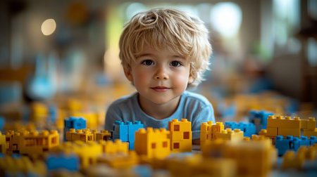 Child happily playing with colorful building blocks in a bright indoor setting on a sunny day. Generative AIの素材