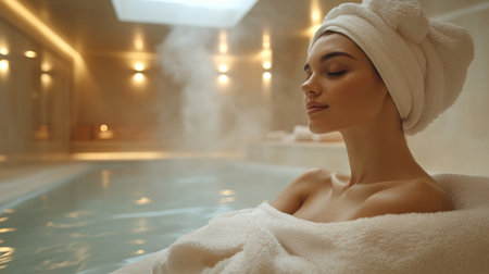 Relaxation in a tranquil spa environment with steam and soft lighting enhancing the serene atmosphere. Generative AIの素材