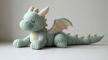 Cute plush dragon toy with light green color and adorable features resting on a smooth surface. Generative AIの素材