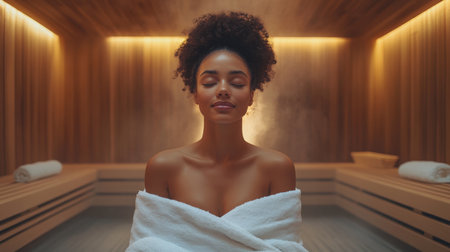 Relaxation and tranquility in a wellness spa with warm wood tones and a serene atmosphere for self-care. Generative AIの素材