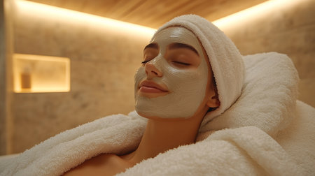 Relaxing spa treatment with facial mask in serene wellness atmosphere at luxurious retreat. Generative AIの素材