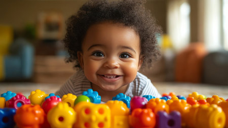 Happy toddler plays with colorful building blocks in a cozy indoor setting during daytime. Generative AIの素材