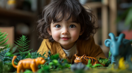 Young child playing joyfully with toy animals in a natural setting surrounded by greenery. Generative AIの素材