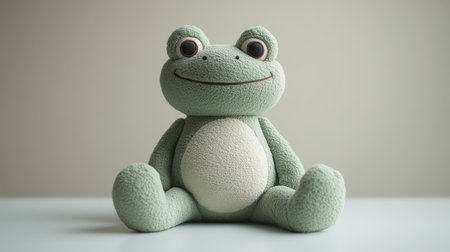 Cute green plush frog toy sitting on a table against a neutral background in a well-lit room. Generative AIの素材