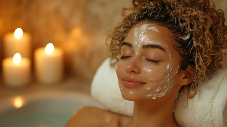 Relaxing spa treatment with a facial mask and calming candles in a serene ambience. Generative AIの素材