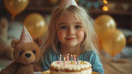 Happy child celebrating birthday with cake and teddy bear in a decorated indoor space with balloons. Generative AIの素材