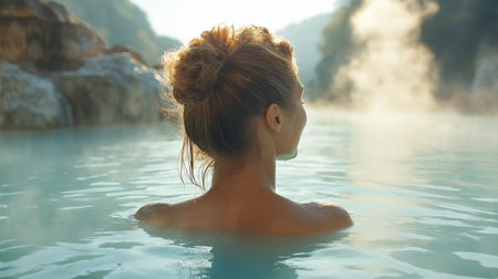 Relaxing in serene hot springs surrounded by misty mountains during sunrise. Generative AIの素材