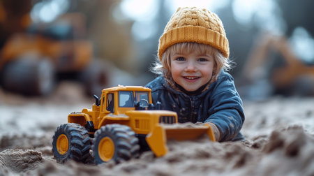 Child plays happily with a toy bulldozer in sandy outdoor construction site during bright day. Generative AIの素材