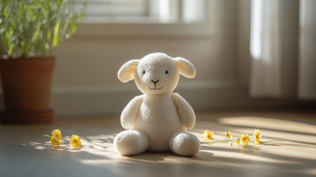 Soft toy lamb sits among flowers in a sunny room with gentle light filtering through the windows. Generative AIの素材