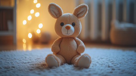 Soft brown bunny plush toy sitting on a cozy rug with warm ambient lights in the background during evening hours. Generative AIの素材