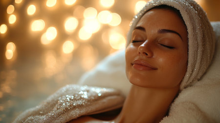 Relaxing woman enjoying a spa treatment with soft lighting and a serene atmosphere at a wellness center. Generative AIの素材