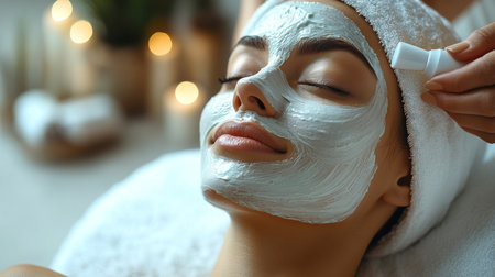 Relaxing facial treatment in a serene spa setting with candles and soft lighting during a self-care session. Generative AIの素材