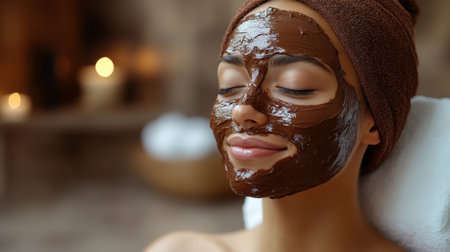 Woman enjoying a relaxing spa treatment with a chocolate facial mask in a tranquil wellness center. Generative AIの素材