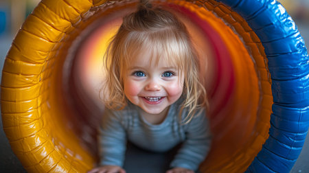 Sweet toddler enjoying playtime in colorful tunnel at indoor playground during a sunny afternoon. Generative AIの素材