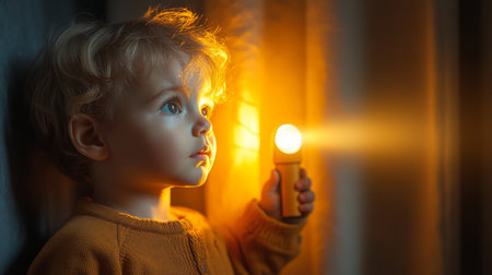 Child exploring with flashlight in a dimly lit room during early evening hours. Generative AIの素材
