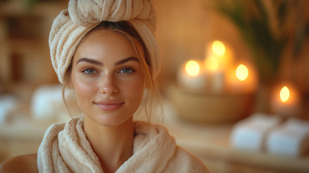 Relaxing in a spa setting with soft lighting and candles, a woman enjoys a moment of tranquility in her robe and towel. Generative AIの素材