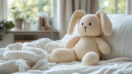 Soft knitted bunny sits on cozy bed in bright room with natural light and warm textures. Generative AIの素材