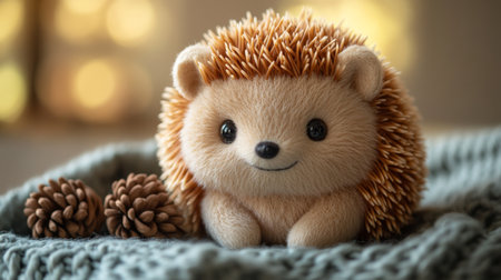 Cute plush hedgehog toy sitting on a soft blanket with pine cones in a cozy indoor setting. Generative AIの素材