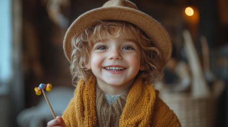 Young child with curly hair and a cheerful smile holding a colorful candy while wearing a cozy scarf and hat indoors. Generative AIの素材