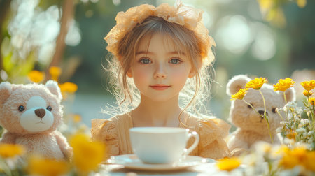 Young girl in floral setting enjoys tea party with teddy bears in a sunlit garden. Generative AIの素材