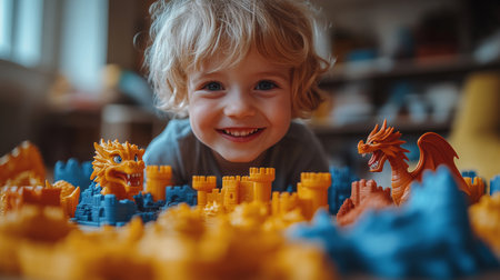 Young child joyfully playing with colorful dragon and castle toys on a bright afternoon indoors. Generative AIの素材