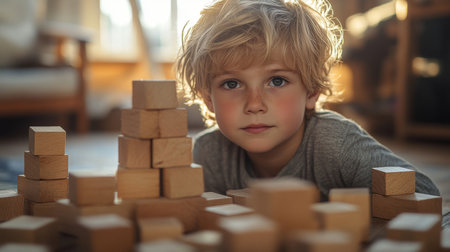 Child engaged in creative play with wooden blocks in a sunlit room during the afternoon. Generative AIの素材
