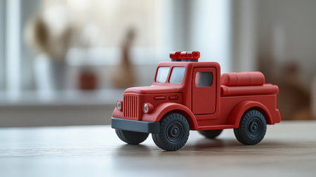 Bright red toy fire truck placed on a wooden table indoors with a blurred background of a cozy room. Generative AIの素材