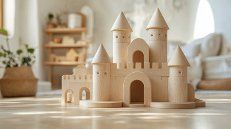Wooden castle structure placed indoors, showcasing intricate design elements in a well-lit living space. Generative AIの素材