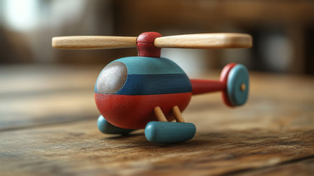 Colorful wooden toy helicopter sits atop a rustic wooden table in a cozy indoor setting during the afternoon. Generative AIの素材