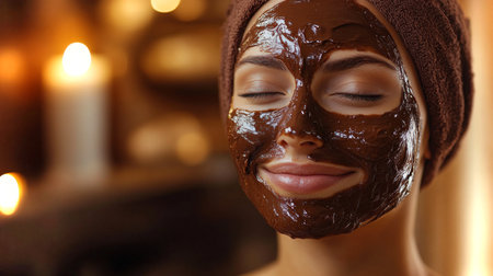 Natural skincare treatment with chocolate mask at a wellness retreat during evening relaxation time. Generative AIの素材