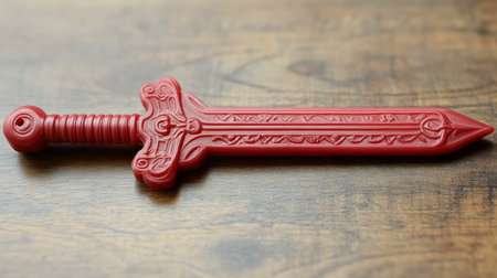 Decorative red sword toy resting on a wooden surface highlights imaginative play and creativity. Generative AIの素材