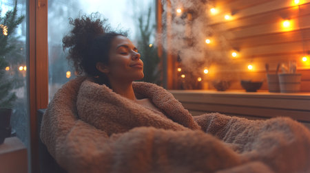 Woman relaxing in cozy spa atmosphere with warm lighting and steam during a tranquil evening. Generative AIの素材