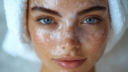 Young woman applying facial treatment at a spa during a relaxing self-care session in a serene environment. Generative AIの素材