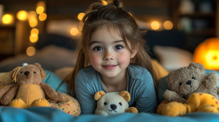 Young girl smiles while surrounded by teddy bears on a cozy bed in a softly lit room during a tranquil evening. Generative AIの素材
