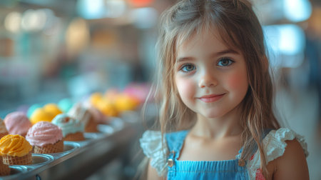 Young girl smiles with colorful cupcakes in a bakery setting during a sunny afternoon. Generative AIの素材