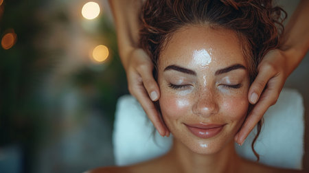 Relaxation and rejuvenation during a facial treatment at a spa with soft lighting in a serene environment. Generative AIの素材